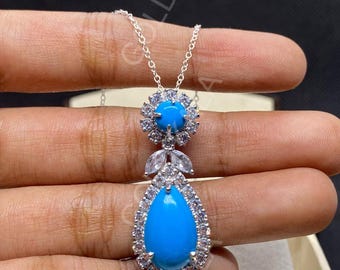 Handmade Turquoise & Diamond Pendant Necklace: Vintage 14k Gold Finish