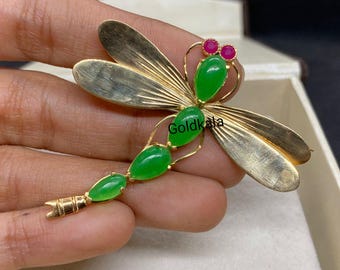 Vintage Natural Green Jade & Ruby Butterfly Brooch: 14k Gold Plated Sterling Silver Wedding Jewelry