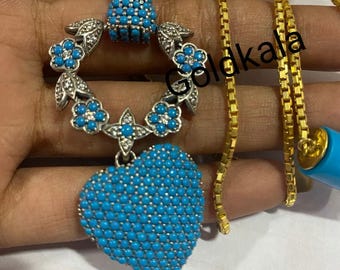 Handmade Turquoise & Diamond Pendant Necklace: 14k Gold Plated Sterling Silver