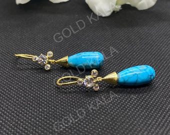 Turquoise Dangle Drop Earrings: 925 Sterling Silver, 14k Gold Plated