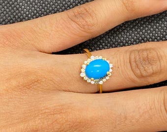 Art Deco Turquoise And  Diamond Engagement Wedding Ring- Handmade Promise Rings- Anniversary Gift Turquoise/Unique /Gift For Her/Bridal Ring