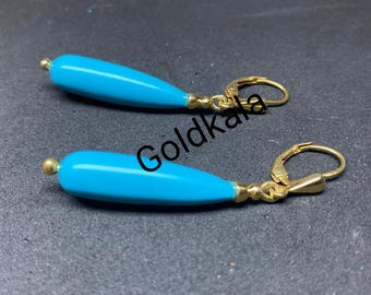 Vintage Turquoise Dangle Earrings: 925 Sterling Silver, 14k Gold Plated