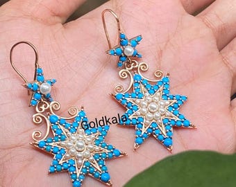 Handmade Turquoise Teardrop Dangle Earrings: 14k Rose Gold Plated