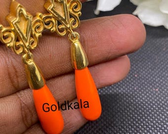 Victorian Coral Dangle Earrings: 14k Gold Plated Sterling Silver Wedding Handmade Jewelry