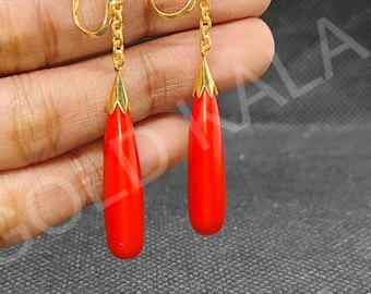 Antique Coral Dangle Earrings: 14k Gold Plated Sterling Silver Drop Earrings