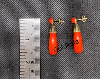 Victorian Coral Dangle Drop Earrings: 14k Gold Plated Sterling Silver Wedding Jewelry