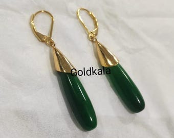Art Deco Vintage Green Jade Dangle Earrings: 14k Yellow Gold Plated Sterling Silver 925, Handmade Jewelry