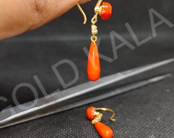 Vintage Coral Dangle Earrings: 14k Gold Plated Sterling Silver