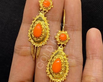 Vintage Coral Dangle Earrings: 14k Yellow Gold Finish, Sterling Silver