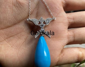 Art Deco Turquoise & Diamond Pendant Necklace: 14k White Gold Finish