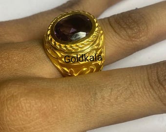 Handmade Amethyst Men's Ring: 14k Yellow Gold Finish, Sterling Silver