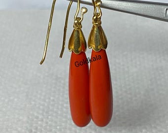 Victorian Vintage Handmade Coral Dangle Earrings: 14k Gold Plated Sterling Silver