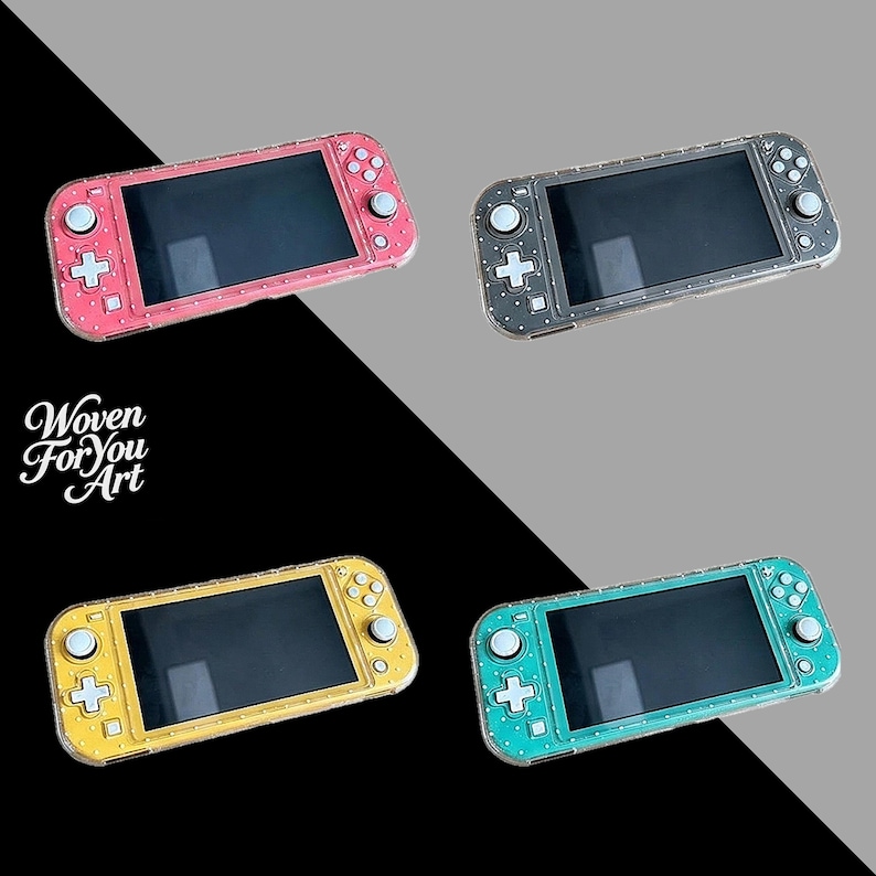 May include: Four handheld gaming consoles in pink, gray, yellow, and teal, each featuring a clear protective case with a white polka dot pattern. The consoles have white buttons and joysticks. The text Woven For You Art is visible on the left.
