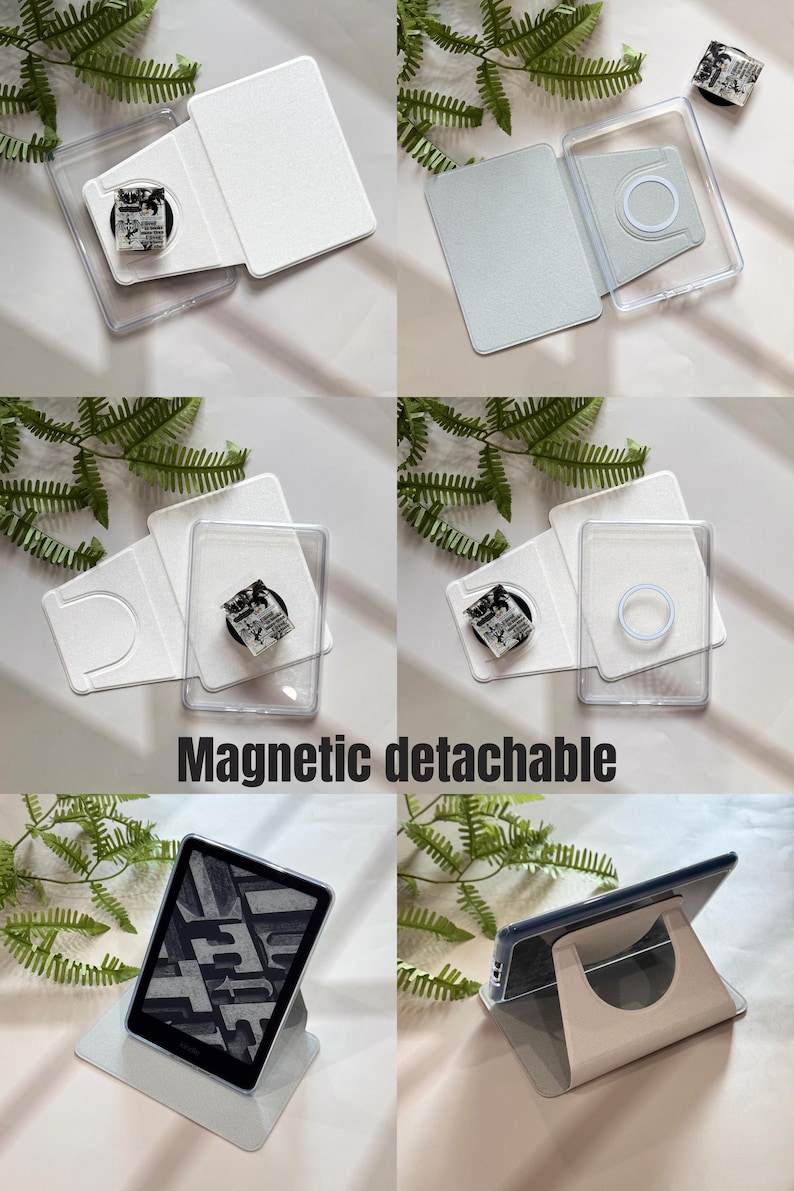 Pu&ograve; includere: Una raccolta di immagini che mostrano una custodia magnetica staccabile per tablet. La custodia &egrave; mostrata in varie configurazioni, tra cui un supporto e una cover protettiva. Il testo "Magnetic detachable" &egrave; visibile.