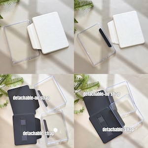 Pu&ograve; includere: Una collezione di custodie per telefoni in vari stili. Le custodie sono mostrate in trasparente, bianco e nero. Alcune custodie hanno un cinturino staccabile, altre no. Il testo "detachable-no strap" e "detachable-strap" &egrave; visibile.