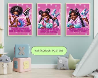 May include: Three rectangular wall posters featuring illustrations of young Black girls on a bright pink background with star accents. Each poster includes inspirational text in white lettering and depicts a girl in casual clothing.