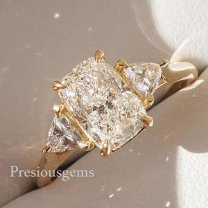Three Stone Engagement Ring, Elongated Cushion Cut Moissanite Diamond with Side Trillion, Lab Grown Diamond Wedding Ring, Anniversary Ring