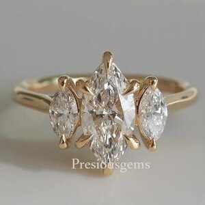 Marquise Three Stone Ring Lab Grown Diamond Engagement Ring Marquise Moissanite Diamond Ring 14K Solid Gold Ring Trilogy Cathedral Set Ring