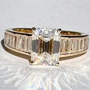 Emerald Cut Engagement Ring with Baguette Band, 14K Solid Gold Lab Grown Diamond Ring, Moissanite Solitaire, Art Deco Wedding Ring For Women