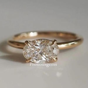 East to West Oval Cut Lab Grown Diamond Solitaire Engagement Ring Oval Moissanite Diamond Ring 14K Solid Gold Claw Prongs Ring Promise Ring