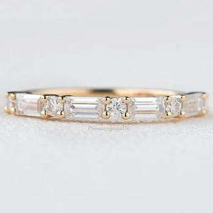 Baguette and Round Cut Lab Diamond Wedding Band, 14K Solid Gold Lab Grown Diamond Stacking Ring, Dainty Half Eternity Ring Gift For Women.
