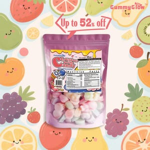 May include: A clear plastic bag of gummy candy with the text "Fruity Wax Bottle Candy". The bag is surrounded by cartoon fruit illustrations. The bag contains 12 ounces of candy and has a nutrition facts label.