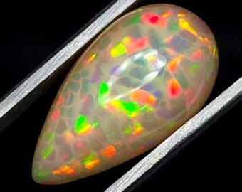Natural Honeycomb Ethiopian Opal 6.5 Ct pear Cabochon – 19x10x8 mm Fire Opal Gemstone – Multicolor Play of Color – Jewelry Making Stone.