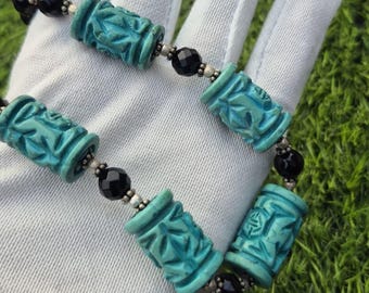 Handcrafted Turquoise & Black Onyx Gemstone Necklace with Silver Beads – Boho Statement Jewelry