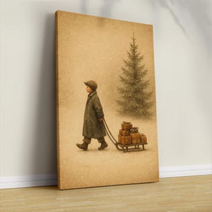 Peut inclure: Impression sur toile de style vintage représentant un enfant tirant une luge chargée de cadeaux emballés dans un paysage enneigé. Un sapin de Noël se dresse en arrière-plan. L'œuvre évoque la nostalgie et la joie des fêtes.