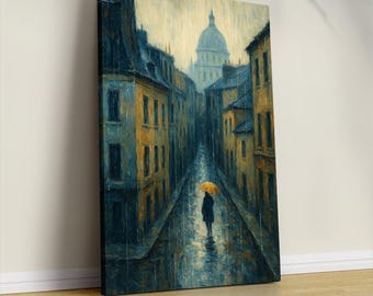 Paris Print, Rain illustration, Cityscape Poster, Montmartre, France