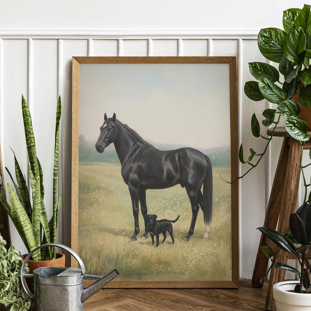ヴィンテージの馬と犬の風景画、黒馬のウォールアート - Etsy 日本