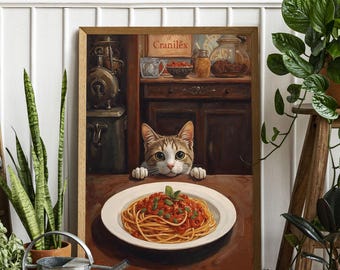 Cat and Spaghetti Kitchen Print: Humorous Italian Art
