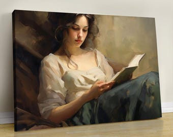 以下が含まれることがあります： 本を読む女性のキャンバスプリント。白いブラウスと青いズボンを着た女性が本に夢中になっている様子を描いています。色使いは柔らかく、暖色系の色調です。