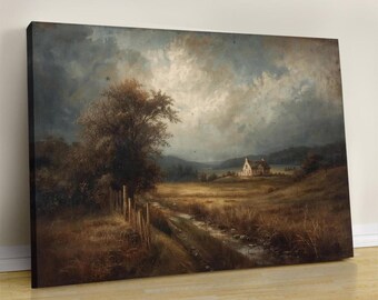 Vintage Landscape Painting, Moody Rustic Countryside Art Print
