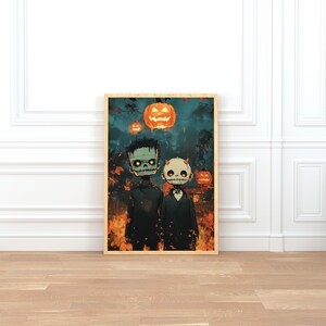Niedliche Geister Halloween druckbare Kunst, Vintage gruselige Wanddekoration, minimaler schwarzweißer Gespenstdruck, lustiger Halloween-Download für Kinderzimmer