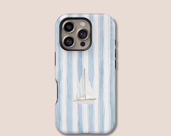 May include: A phone case with a nautical theme. The case features a blue and white striped background with a watercolor illustration of a sailboat. The case has a glossy finish and a black camera housing.
