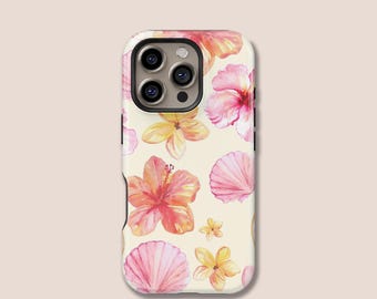 Hibiscus Seashell Design Phone Case, iPhone 16 15 14 13 12 11 Plus Pro Mini Max MagSafe Case, Samsung S25 S24 S23 S22 S21 S20 Plus Ultra