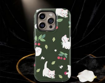 Etui na telefon z uroczym kotkiem i wiśnią, etui MagSafe do iPhone'a 17 16 15 14 13 12 11 Plus Pro Mini Max, Samsung S25 S24 S23 S22 S21 S20 Ultra
