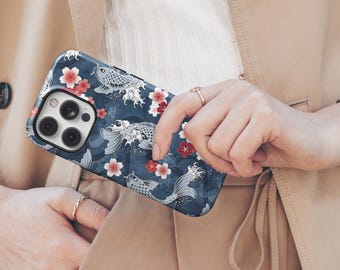 Japanese Koi Fish & Cherry Blossom Design Phone Case, iPhone 16 15 14 13 12 11 Plus Pro Mini Max MagSafe Case, Samsung S25 S24 S23 S22 Ultra