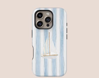 Nautical Sailboat Striped Design Phone Case, iPhone 16 15 14 13 12 11 Plus Pro Mini Max MagSafe Case, Samsung S25 S24 S23 S22 Plus Ultra