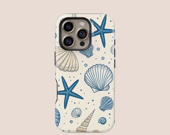 May include: A phone case featuring a cream-colored background with a repeating pattern of blue starfish, seashells, and small dots. The case has a glossy finish and a camera cutout.