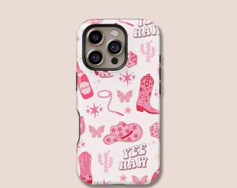 Roze cowgirl-patroonontwerp telefoonhoesje, iPhone 16 15 14 13 12 11 Plus Pro Mini Max MagSafe-hoesje, Samsung S25 S24 S23 S22 S21 Plus Ultra