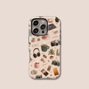 May include: A phone case featuring a repeating pattern of small illustrations. The design includes a camera, coffee cup, headphones, glasses, and other objects in brown, beige, and green. The case has a glossy finish.