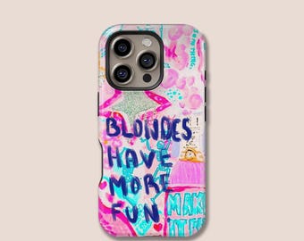 Y2K Pink Graffiti Blondes Have More Fun Design Phone Case, iPhone 16 15 14 13 12 11 Plus Pro Max MagSafe Case, Samsung S25 S24 S23 Ultra