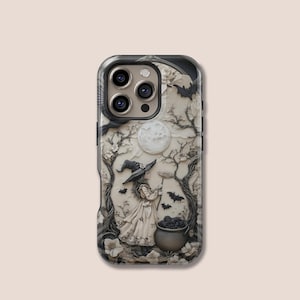 May include: A phone case with a detailed relief design of a witch in a forest scene. The case has a black border and a cream background with a full moon, bats, and a cauldron. The witch is wearing a hat and holding a broom.