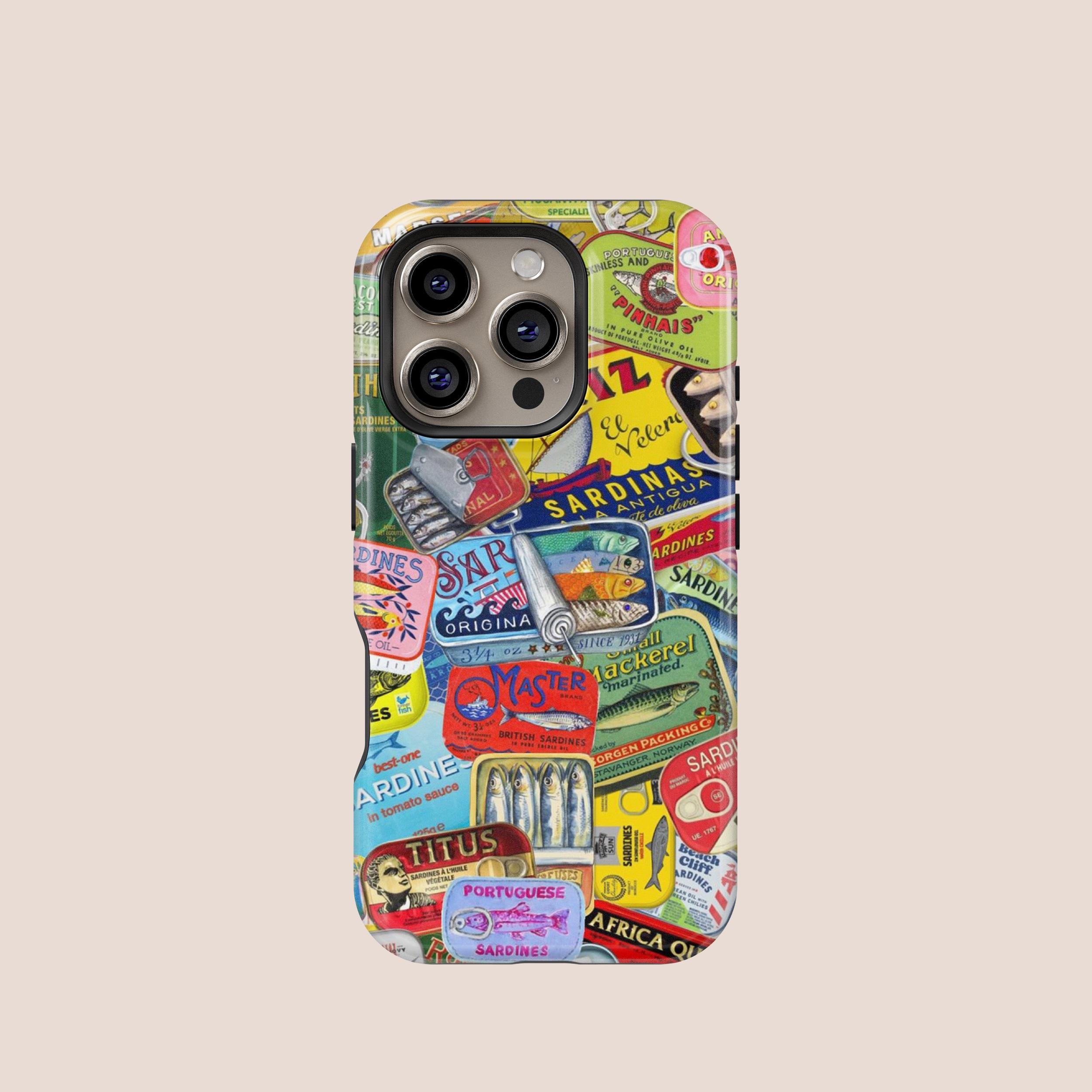 Trendy Sardine Can Art Collage Design Phone Case, iPhone 16 15 14 13 12 Plus Pro Max MagSafe Case, Samsung S25 S24 S23 S22 Plus Ultra