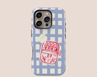 Sött telefonskal med gingham-mönster och sardiner, iPhone 16 15 14 13 12 11 Pro Mini Max MagSafe-skal, Samsung S25 S24 S23 S22 Ultra