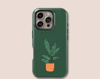Könnte beinhalten: Dunkelgrüne Handyhülle mit einer botanischen Illustration. Das Design zeigt eine Topfpflanze mit grünen Blättern und einem orangefarbenen Topf. Die Hülle hat einen Ausschnitt für eine Dreifach-Kamera.
