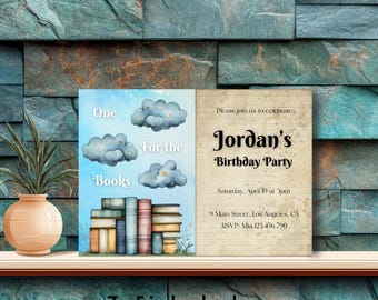 Invitación de cumpleaños de libros, plantilla digital editable e imprimible de Canva, nubes azules, fiesta retro antigua, biblioteca azul y marrón.