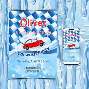 Carwash Birthday Invitation Invites Car Wash Canva Editable Printable Digital Template Foam Bubbles Party Blue Red 5x7